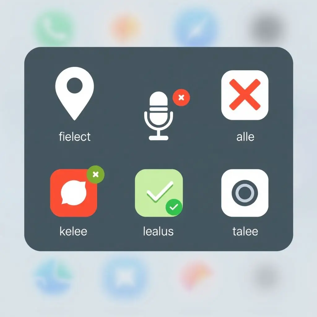 Graphic showing different permission icons like location, microphone, camera with checkmarks or crosses to indicate allowed or denied status.
