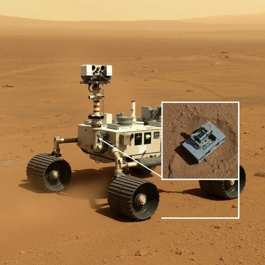 NASA's Perseverance rover shown on the surface of Mars, with an inset highlighting the location of the MOXIE instrument.