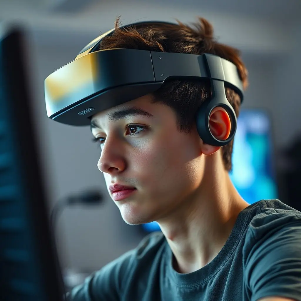 Person wearing a brainwave headset while intensely playing a video game
