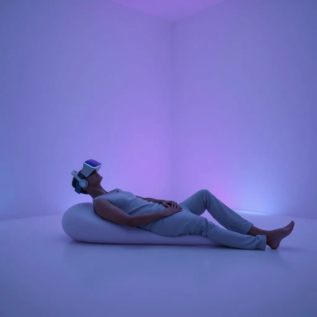 A person sitting peacefully, seemingly plugged into a virtual world with a futuristic VR interface seamlessly integrated.