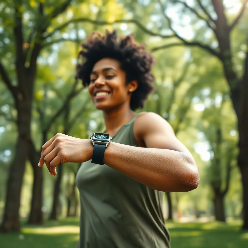 Person walking outdoors wearing a smartwatch, showing activity tracking