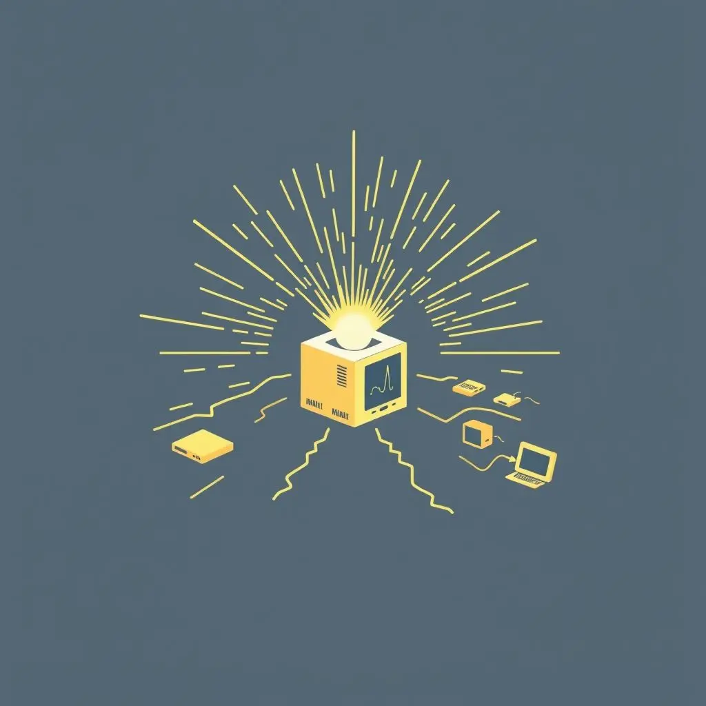 Symbolic image showing a spark igniting from a box representing the Altair 8800, leading to a cascade of modern computers