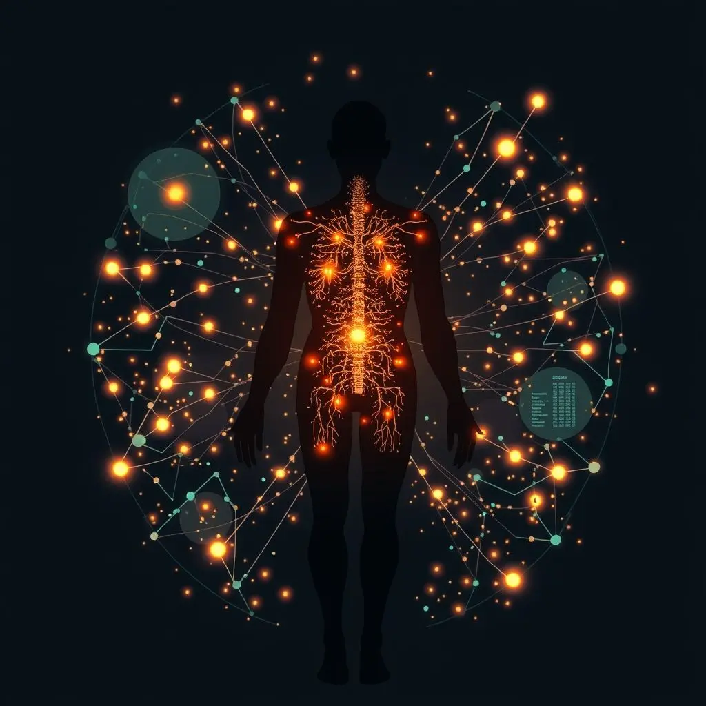 Abstract representation of a human figure surrounded by interconnected data points and visualizations.