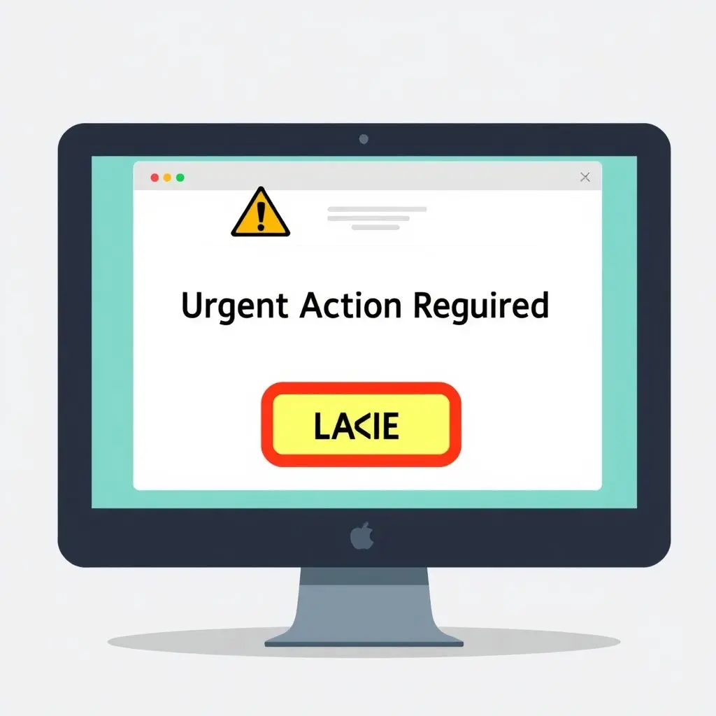 Illustration of a deceptive email on a Mac screen with warning signs like 'Urgent Action Required' and a fake login button, representing a phishing attempt.