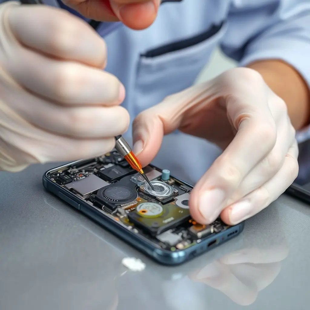 Technician working on a disassembled smartphone to fix water damage