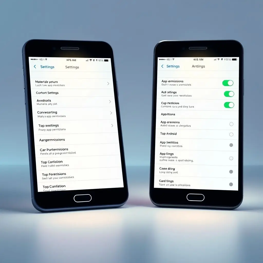 Stylized illustration of phone screens showing settings menus related to app permissions.
