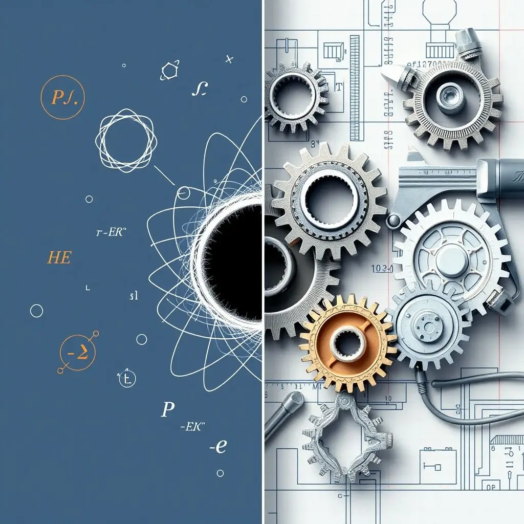 Stylized image contrasting abstract physics equations and symbols with tangible engineering tools like gears, blueprints, and wrenches.