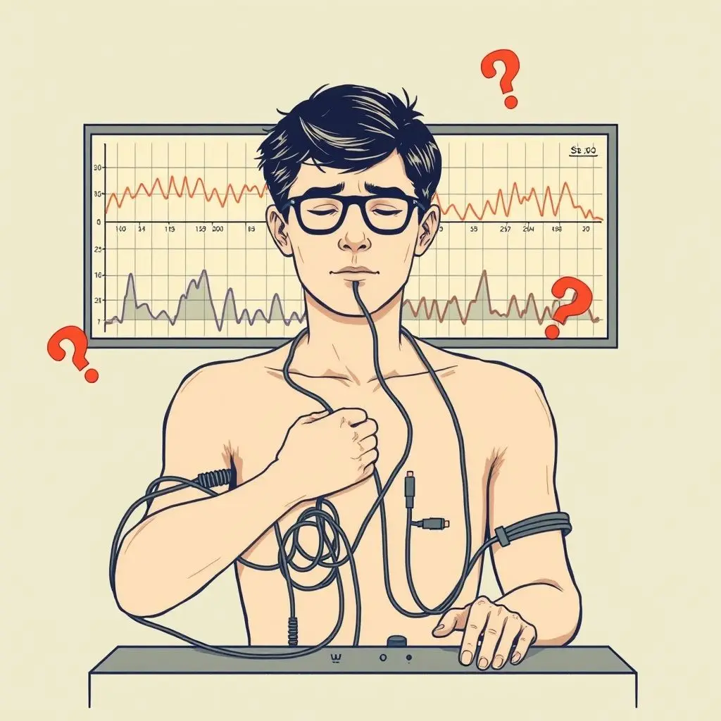 Illustration showing a person hooked up to a polygraph machine with question marks and physiological graphs showing erratic patterns.