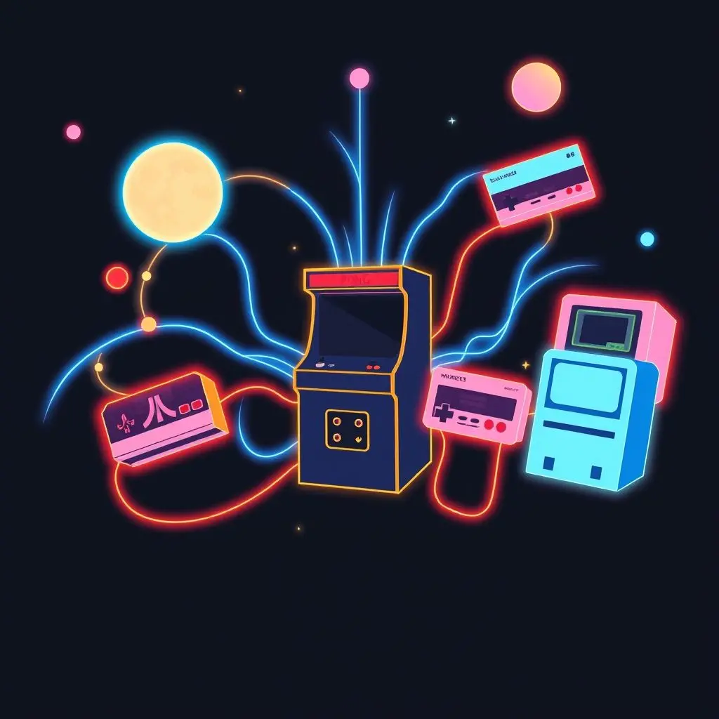 Visual timeline showing Pong cabinet connecting to Atari 2600, then NES, then modern console shapes