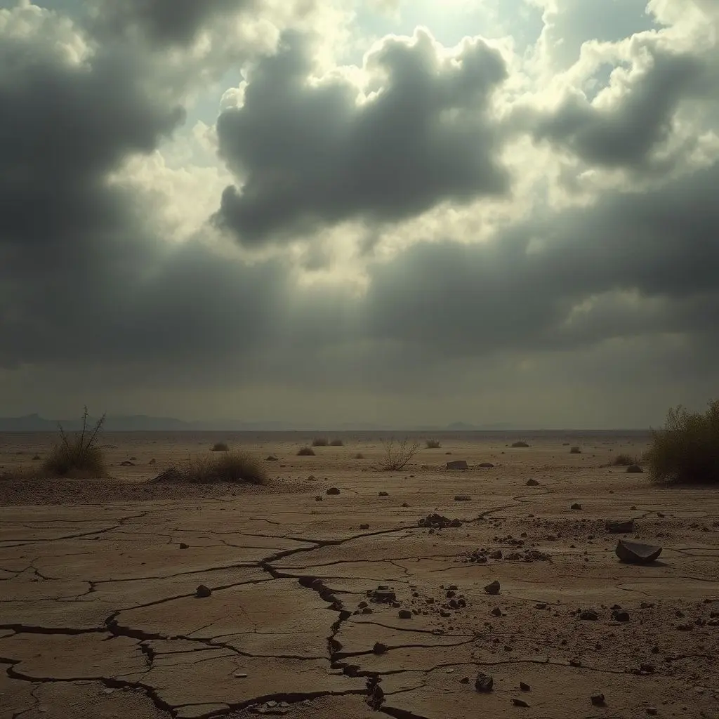 A bleak, dusty landscape under a dark, overcast sky, depicting the aftermath of a global impact event.