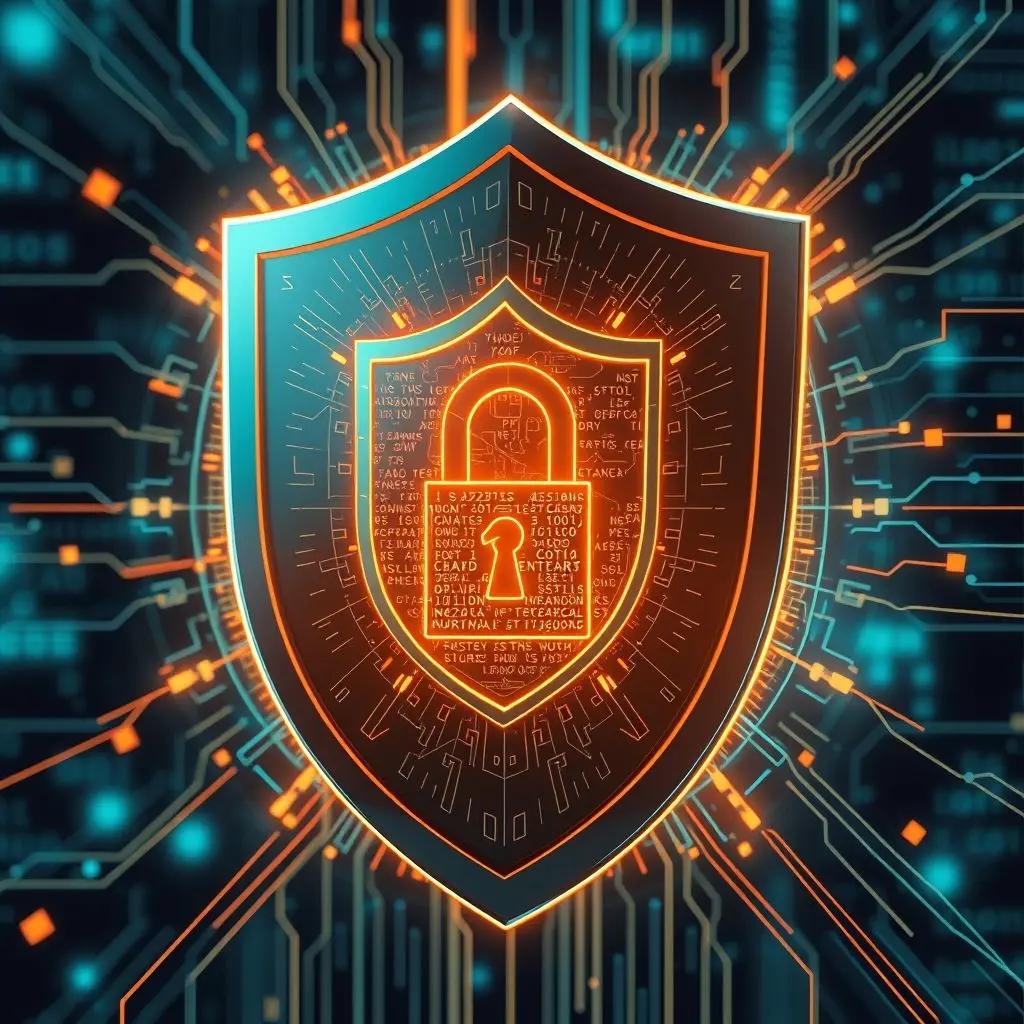 Futuristic shield protecting digital data, representing post-quantum cryptography defense