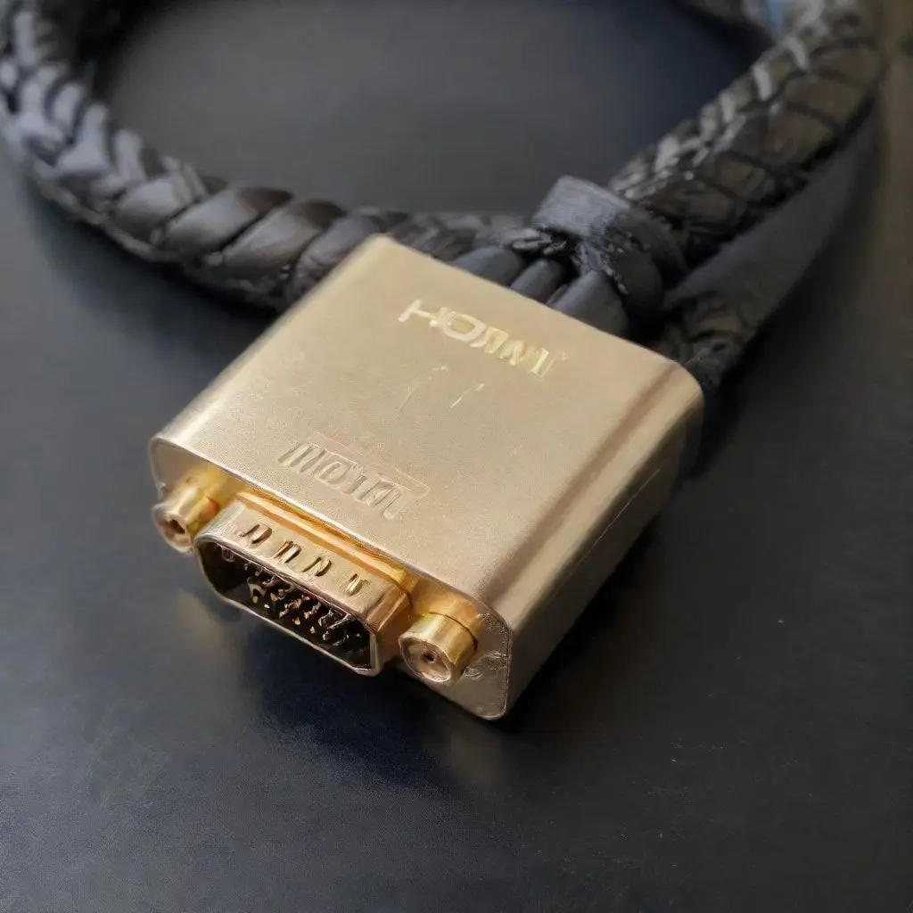 Close-up of a well-built, durable HDMI connector and braided cable