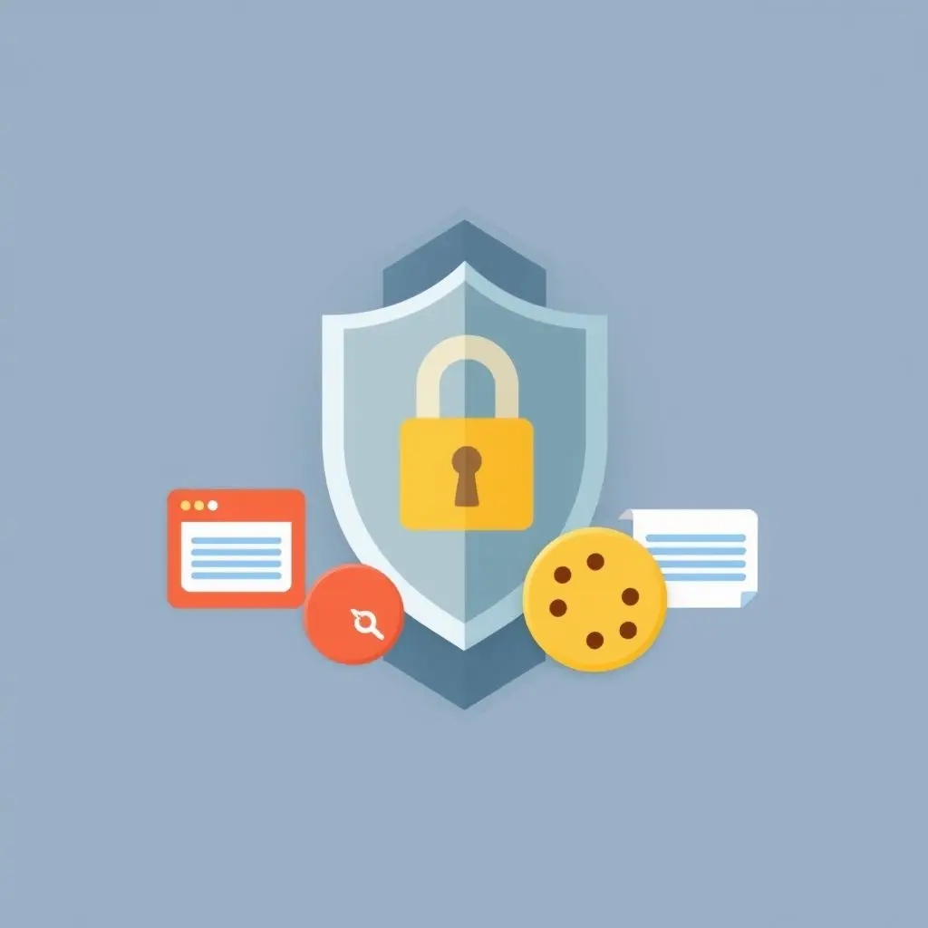 Shield icon protecting various online activity icons like browser, cookies, and data streams