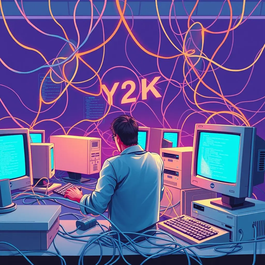 Illustration of programmers working diligently on computer screens, surrounded by code, symbolizing the global effort to fix the Y2K bug.