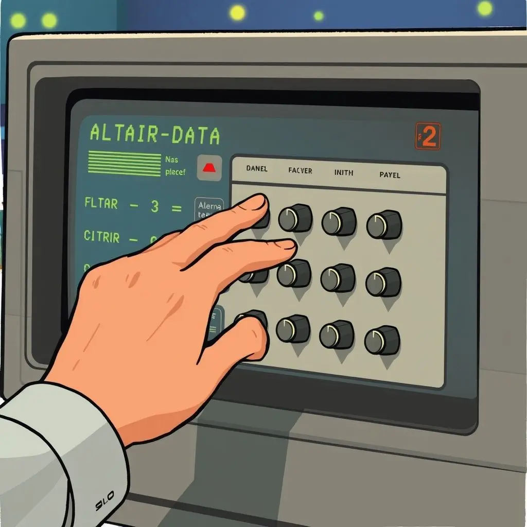 Illustration of a hand flipping switches on the Altair 8800 front panel to input data