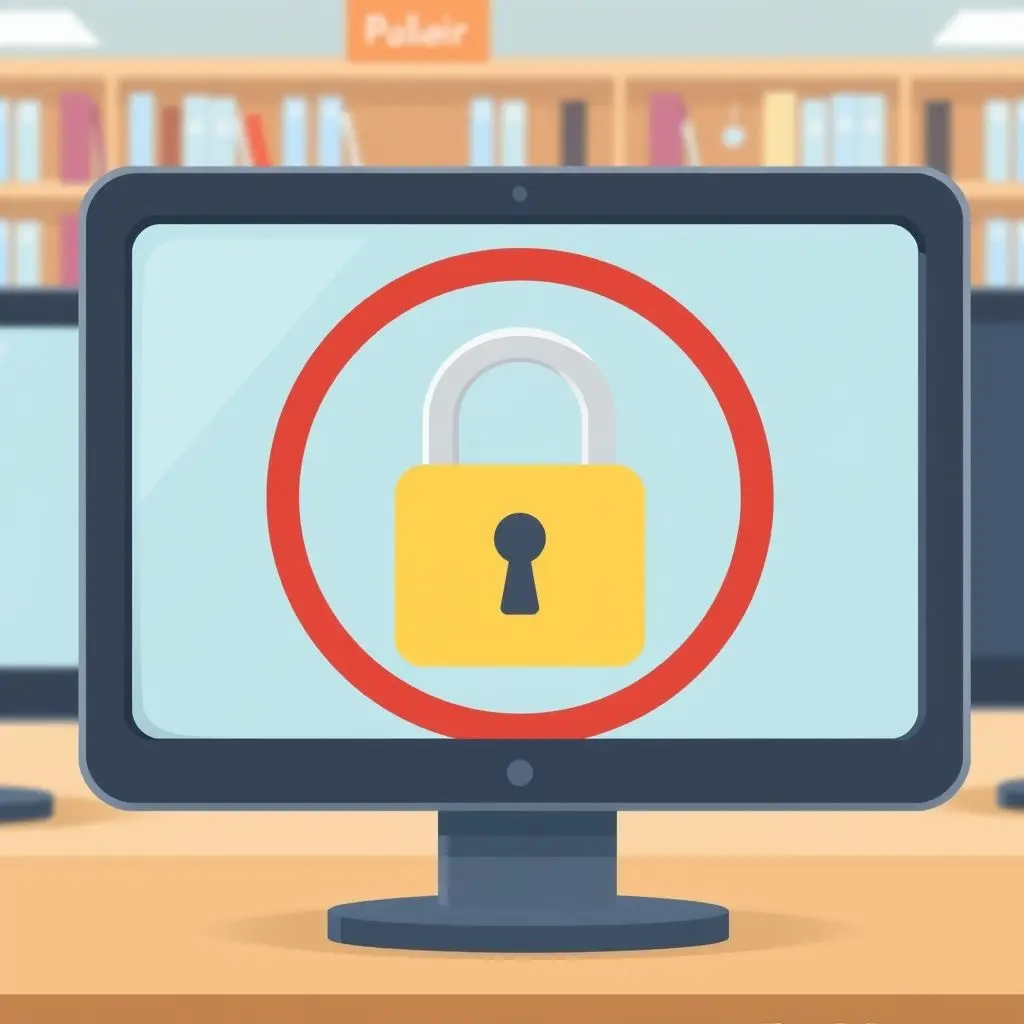 Illustration of a public computer screen with a large lock symbol overlaid, representing digital security risk.