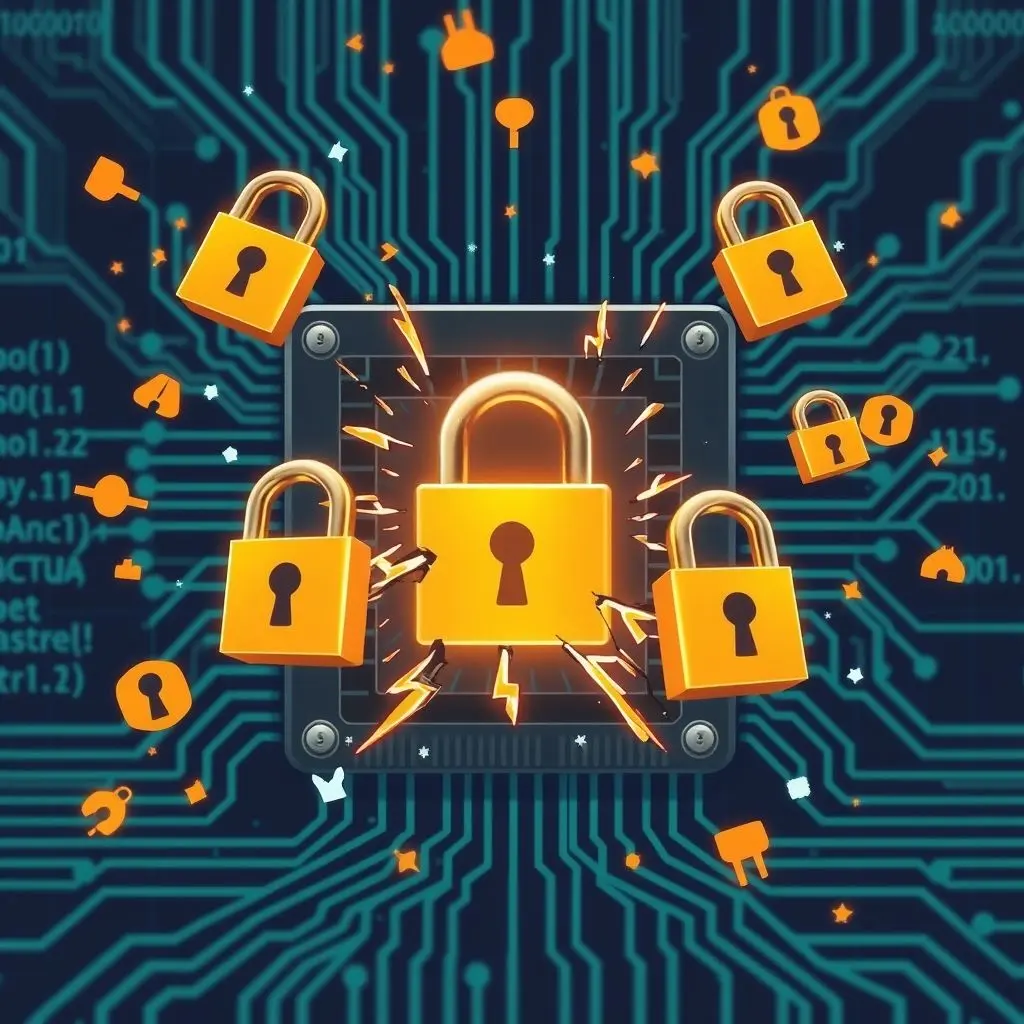 Stylized image of a quantum computer processing data with broken locks and code fragments around it