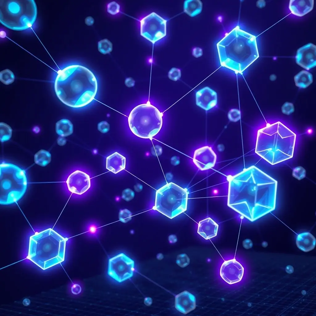 Abstract visualization of multiple interconnected qubits (spheres or cubes) representing quantum computation.