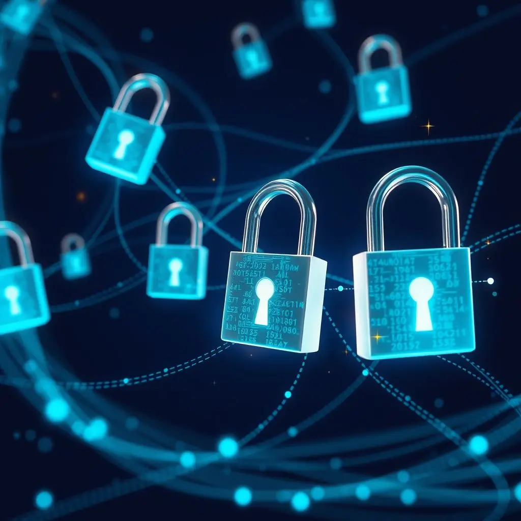 Abstract illustration showing intertwined secure locks and flowing data lines, representing strong, specific encryption algorithms and protocols like AES and TLS.
