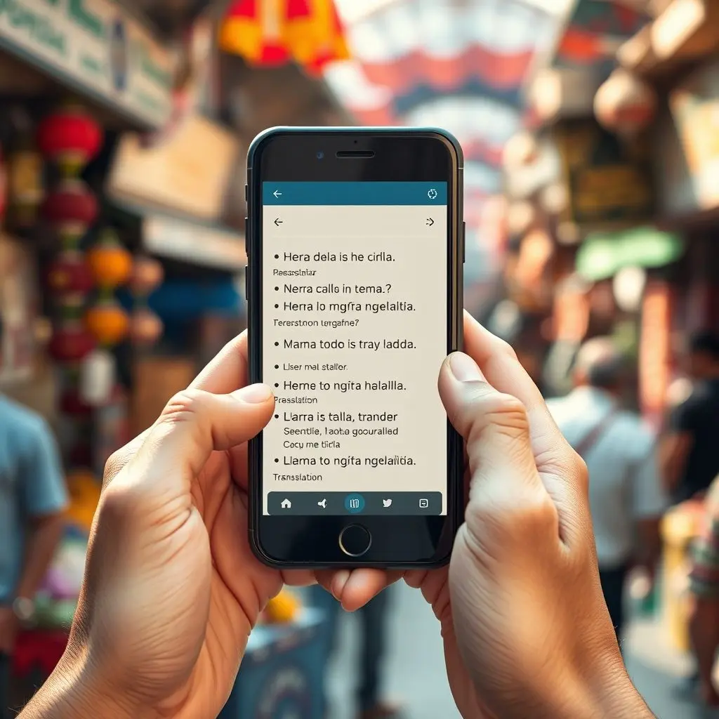 Person holding a smartphone using a real-time translation app in a foreign city.