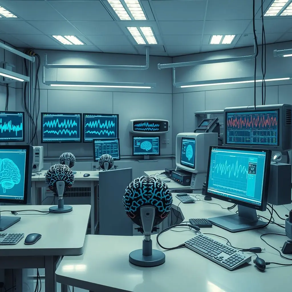Image depicting a modern neuroscience research lab with equipment like EEG caps and computer monitors, representing BBI research.
