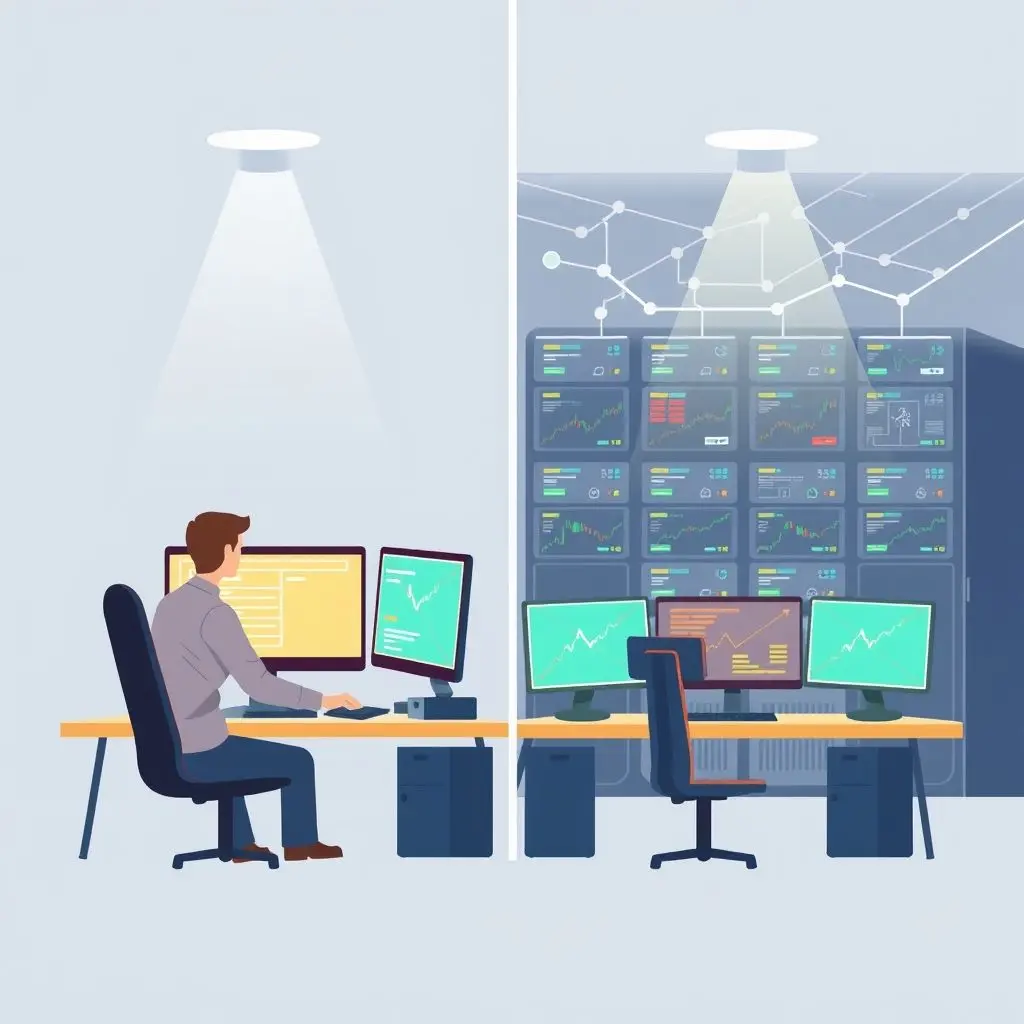 Illustration showing a retail trader alongside an institutional AI trading system