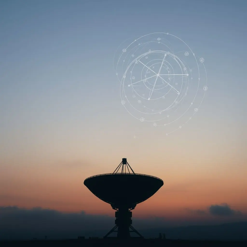 Illustration showing a radio telescope dish bombarded by various human-generated radio signals, representing interference.