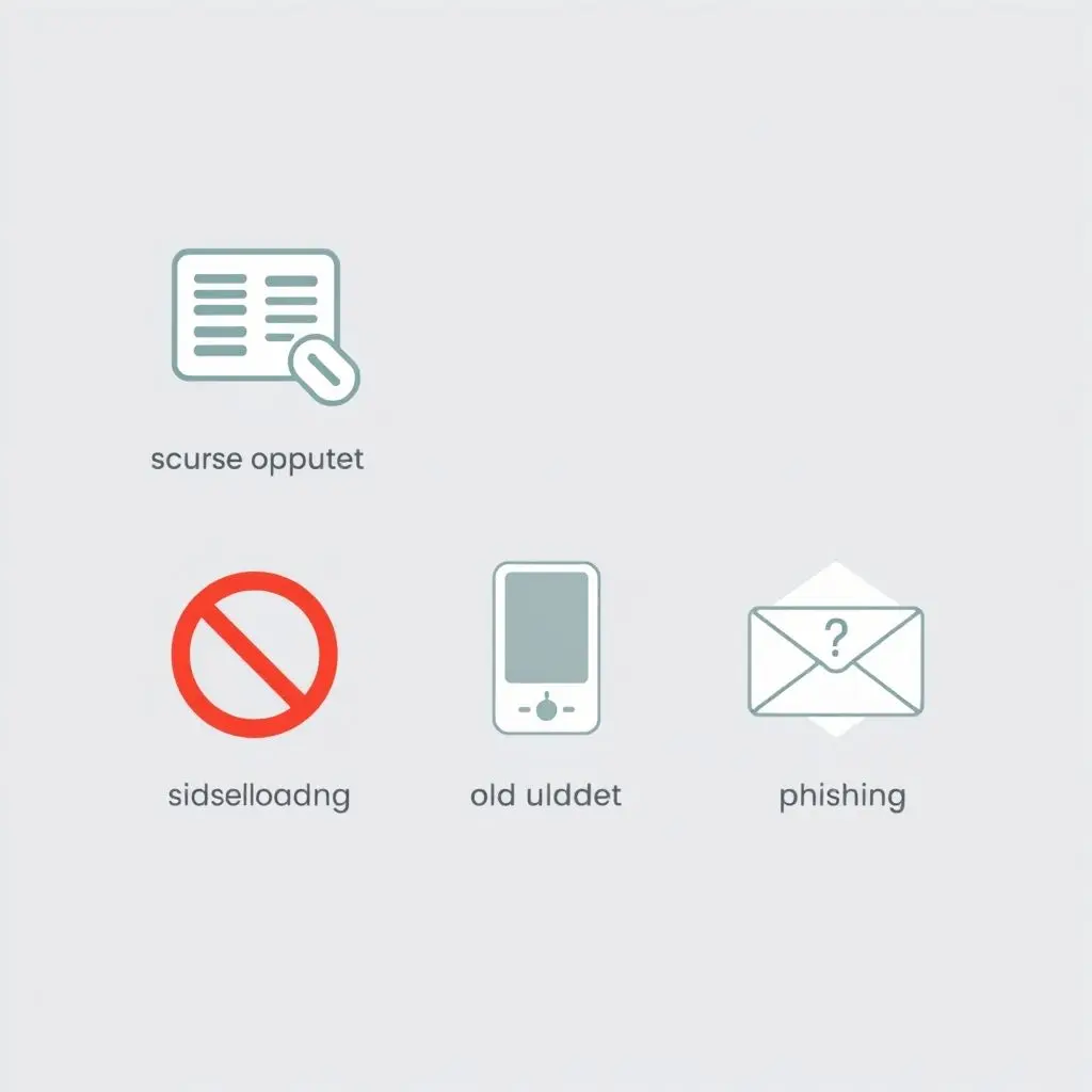 Icons representing sideloading, outdated phone, and phishing email