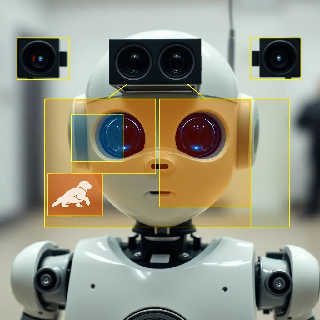 A robot with cameras and sensors overlaid with visual cues indicating object recognition, depth perception, and environmental understanding.