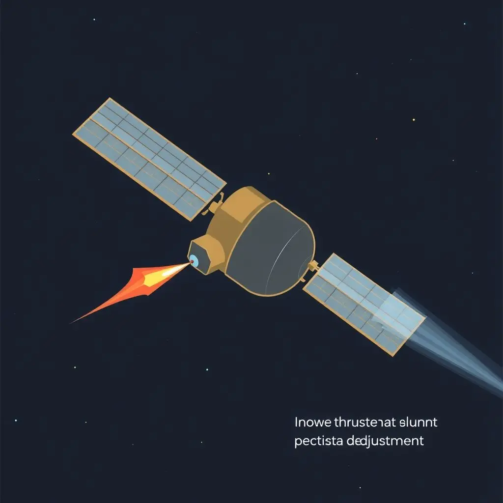 Illustration of a satellite in space showing a small thruster firing a brief plume.