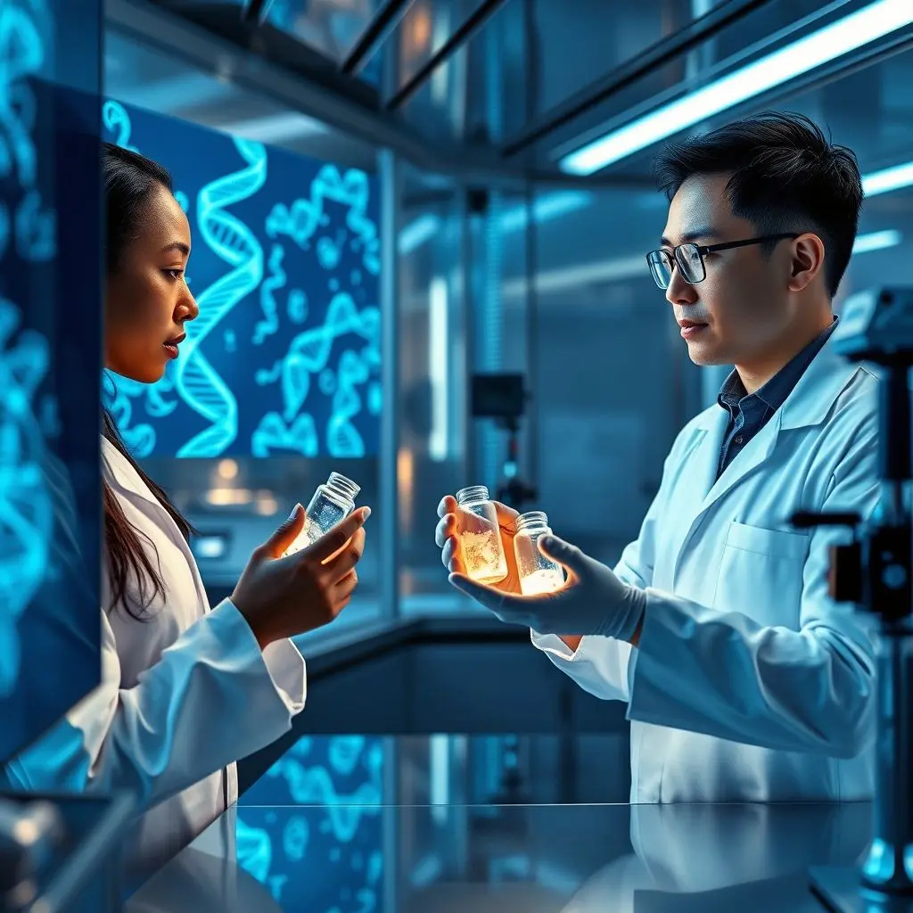 Scientists in a modern lab setting looking at screens displaying DNA sequences and holding vials.
