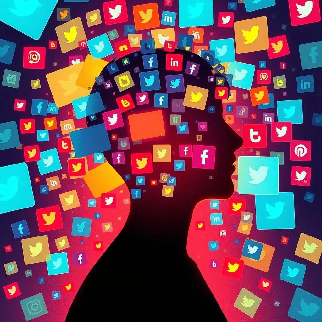 Abstract illustration showing a person overwhelmed by various digital notifications and social media icons, depicting the negative effects of screen time.
