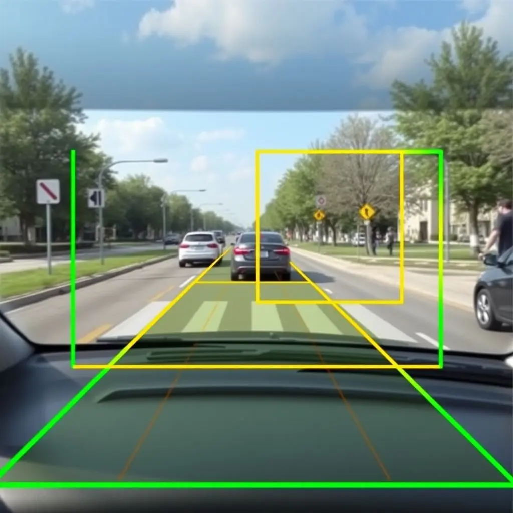Camera view simulation from a self-driving car showing detected objects like cars, pedestrians, lane lines, and traffic signs overlaid.