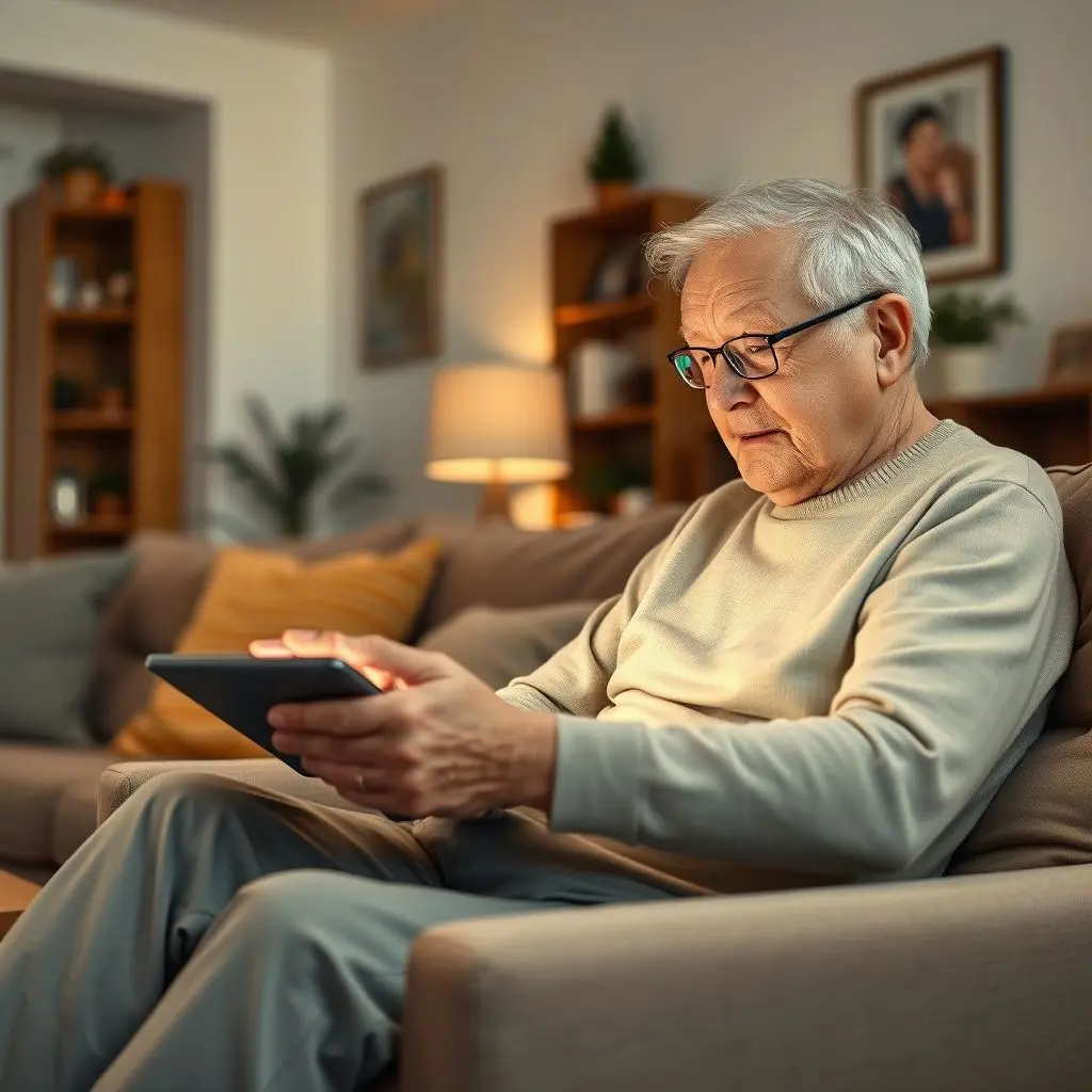 An elderly person using a tablet, implied to be interacting with an AI game or activity designed for seniors.