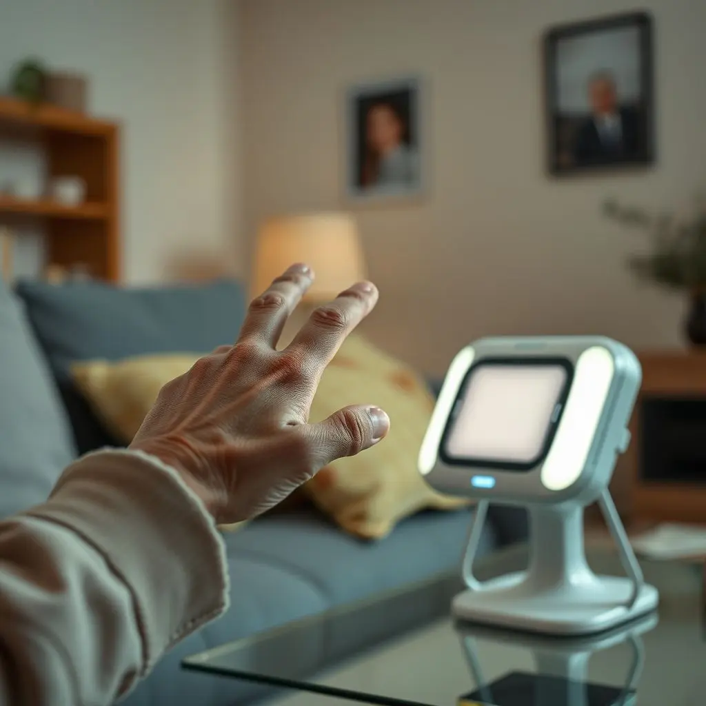 An elderly person looking cautiously at a futuristic device, representing the challenges and considerations of AI adoption.