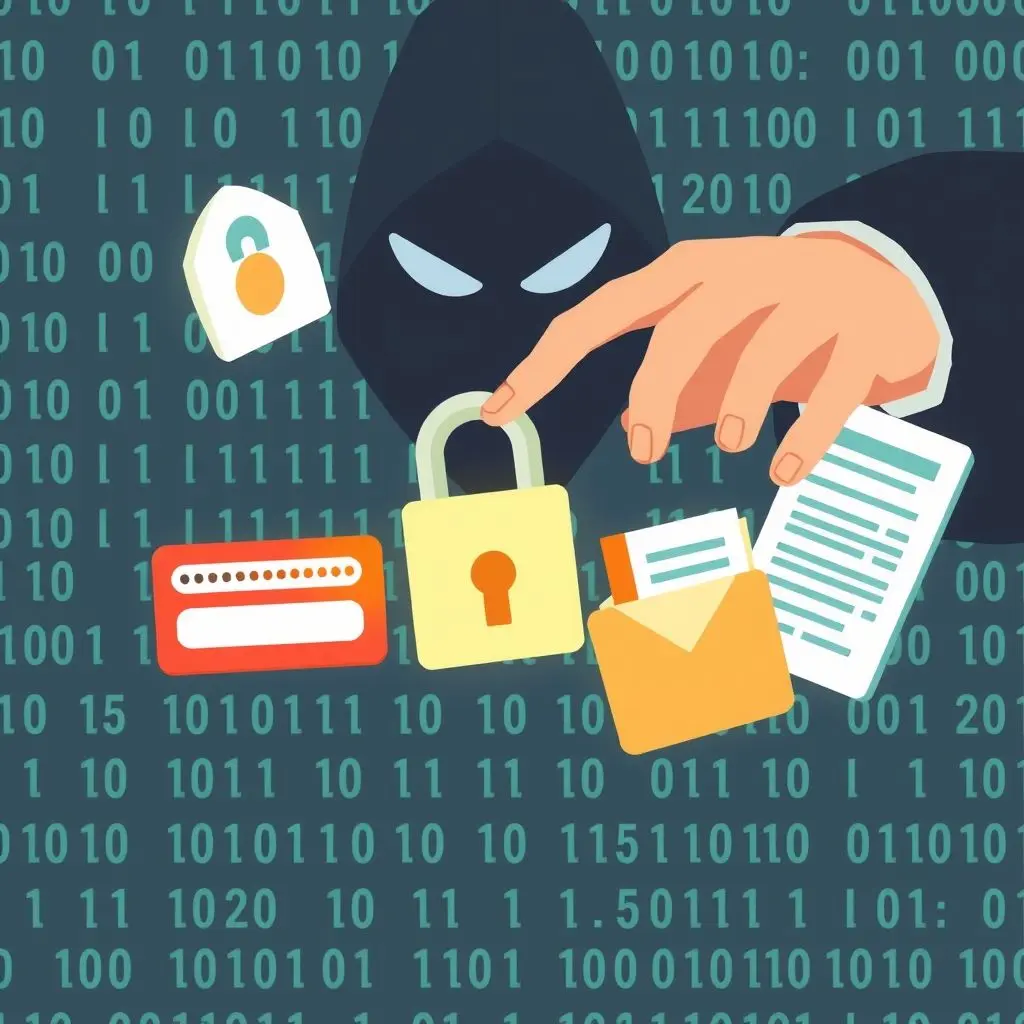 Illustration showing icons representing passwords, credit cards, and personal data being pulled out of a data stream.