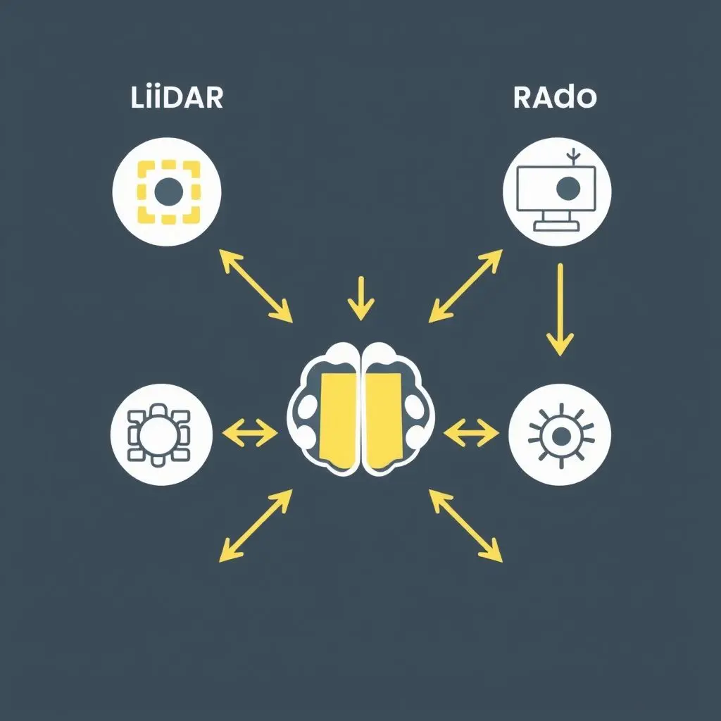 Diagram illustrating data flow from multiple sensors (LiDAR, cameras, radar) merging into a central processing unit for environment mapping and decision making.