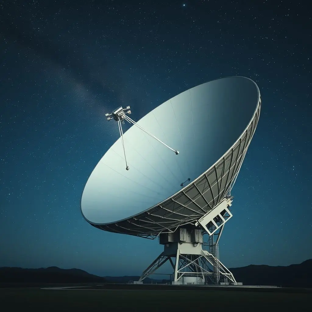 Massive radio telescope dish pointed at the sky, representing SETI's listening technology.