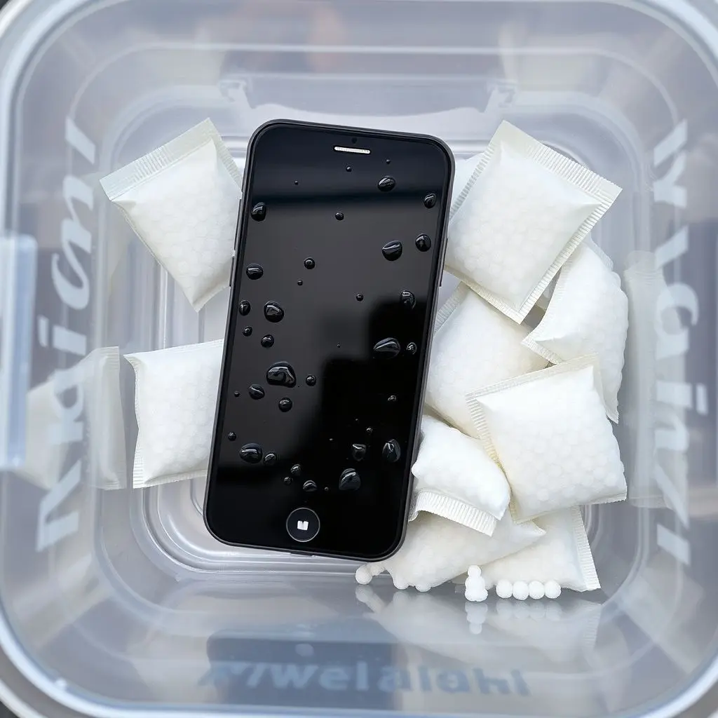 Smartphone placed in a sealed container with silica gel packets