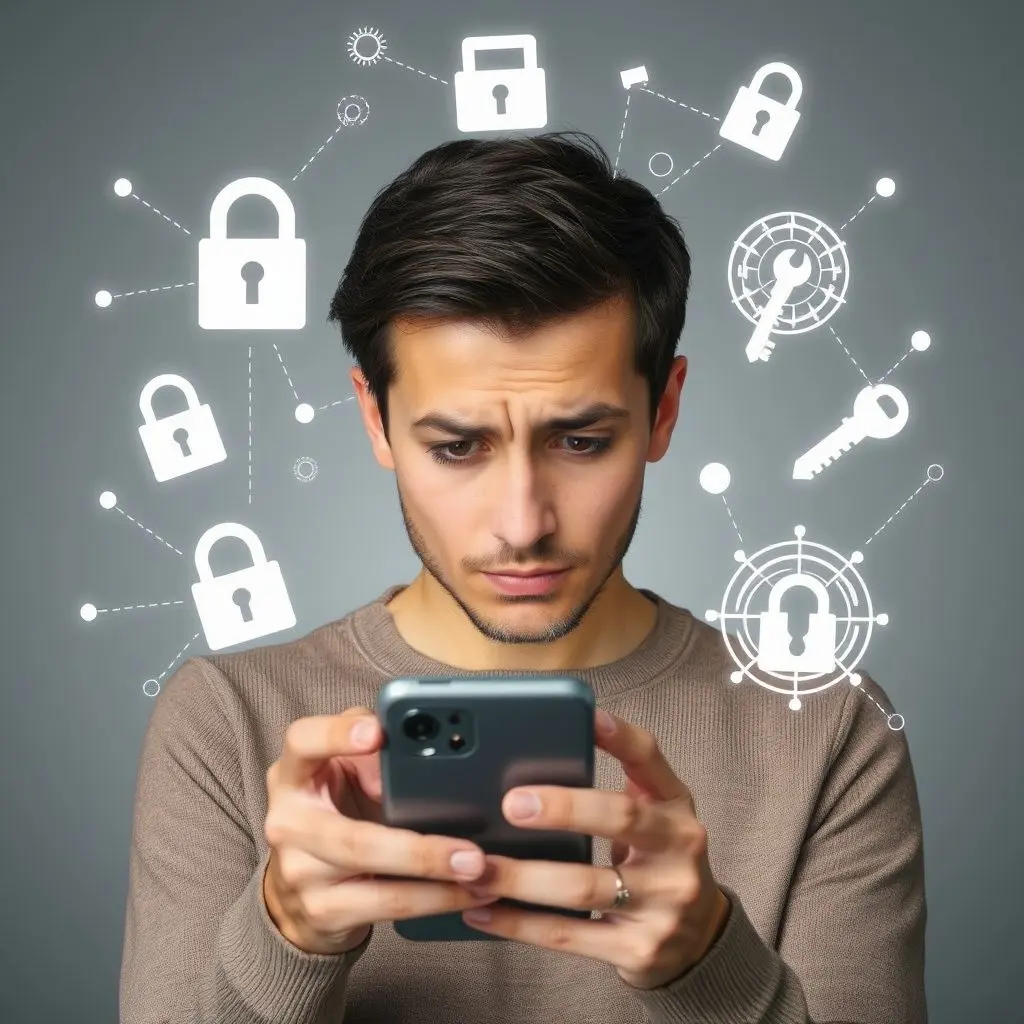 Person looking worried at phone with digital threats surrounding it