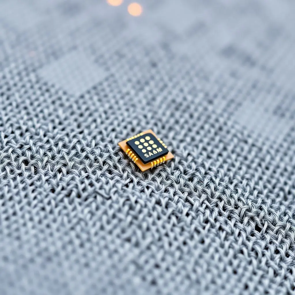 Close-up image of fabric with integrated tiny sensors and conductive fibers