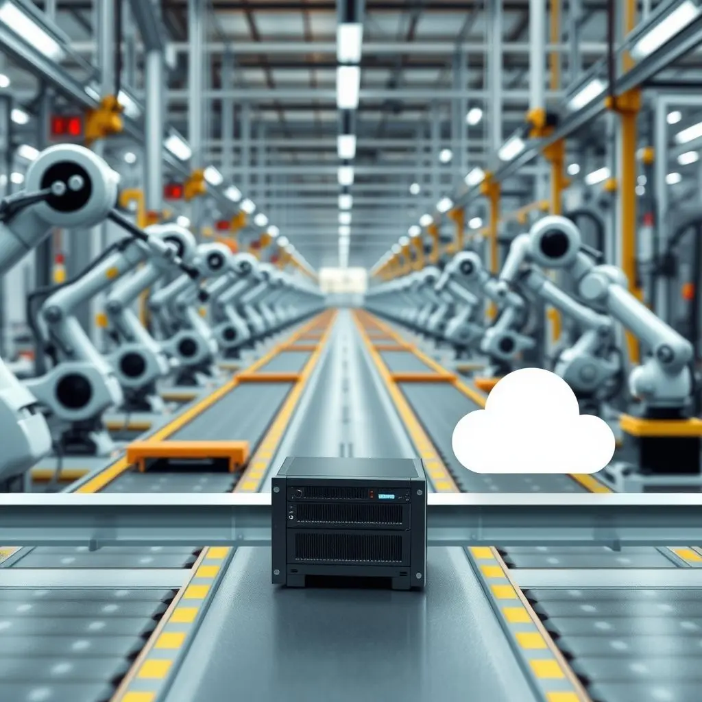 Conceptual image of a smart factory floor with robots and sensors, depicting data being processed on-site by an edge server.