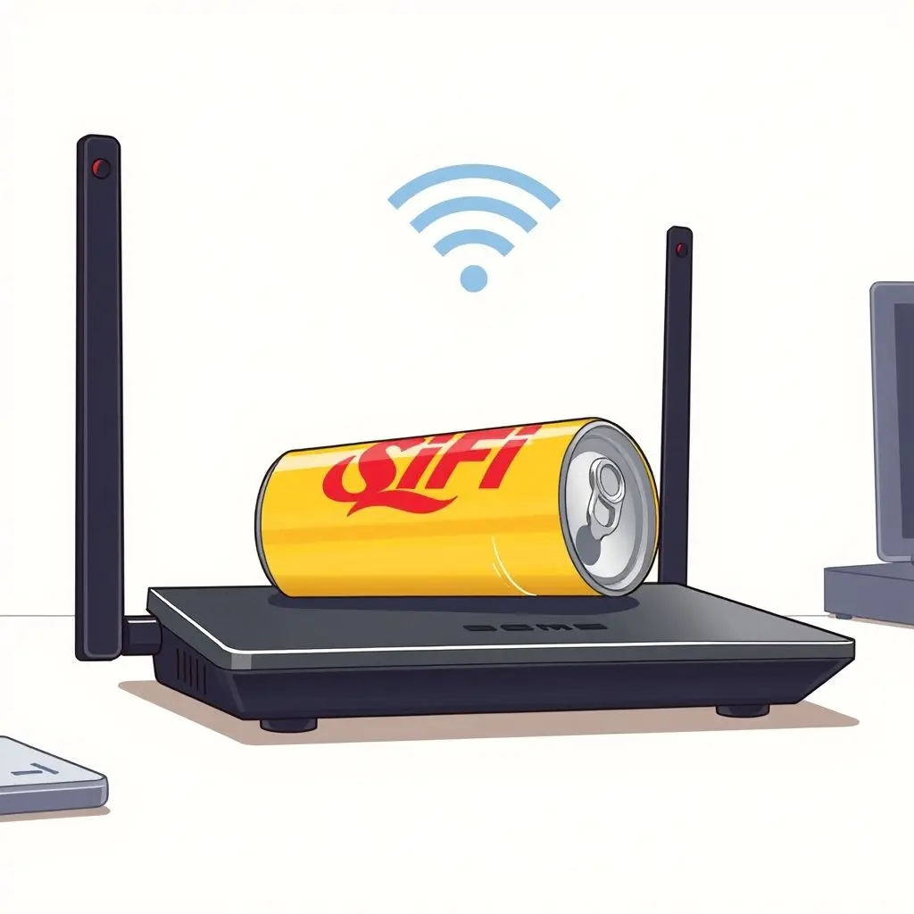 Router with a cut soda can placed behind its antenna