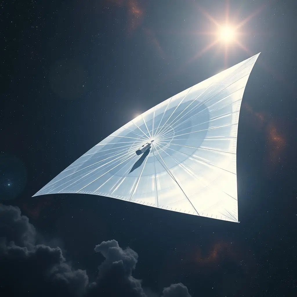 Artistic rendering of a large solar sail spacecraft against a starry background