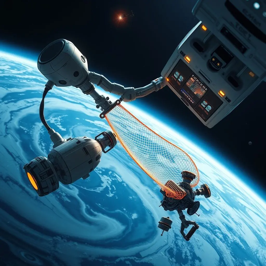 Illustration showing a conceptual spacecraft using a net or robotic arm to capture a piece of space debris in orbit.