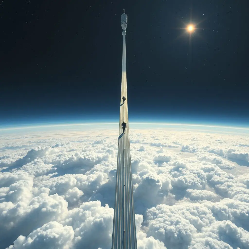 Artistic rendering of a space elevator structure with a climber ascending the ribbon from Earth towards space and a counterweight visible in the distance.