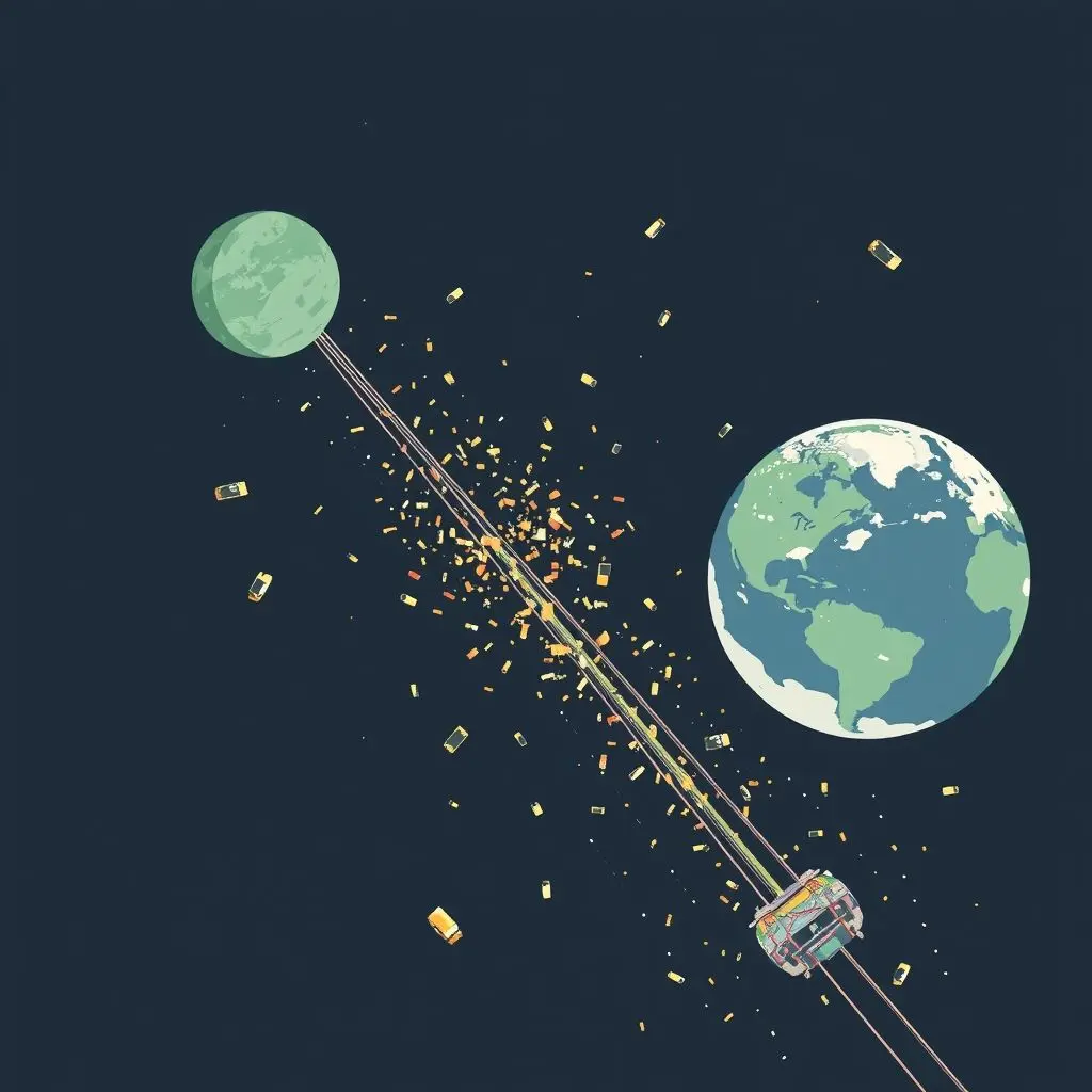 Illustration showing space debris particles impacting or near a space elevator tether stretching from Earth into orbit.