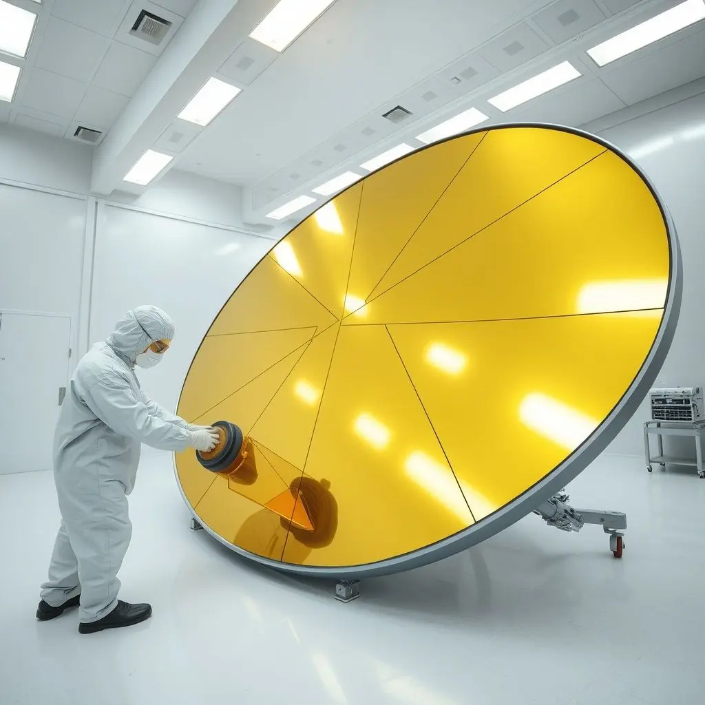 Technician polishing a large, gold-coated space telescope mirror segment in a clean room