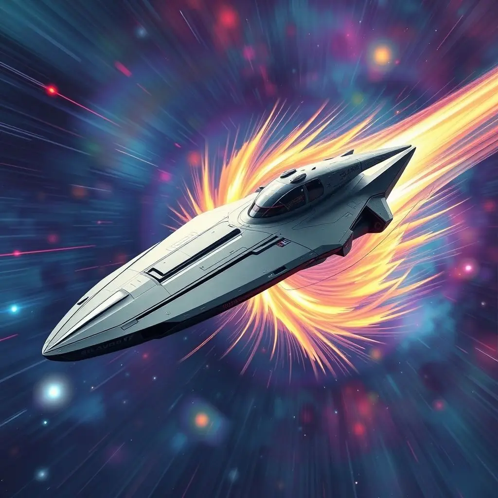 Artistic rendering of a futuristic spaceship surrounded by a colorful, distorted warp bubble effect against a starfield.