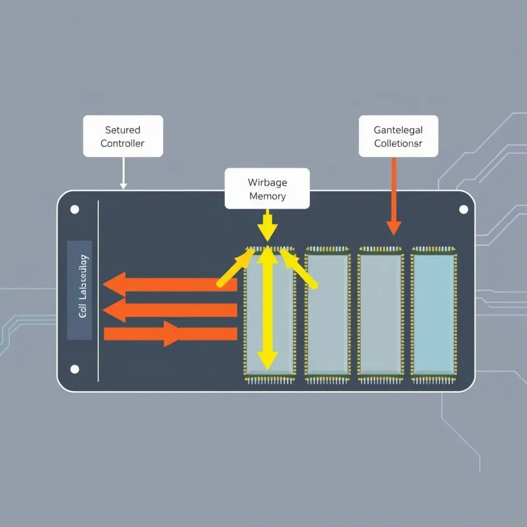 Diagram illustrating how data flows from the computer through the SSD controller to the NAND flash chips, showing read, write, and erase processes.